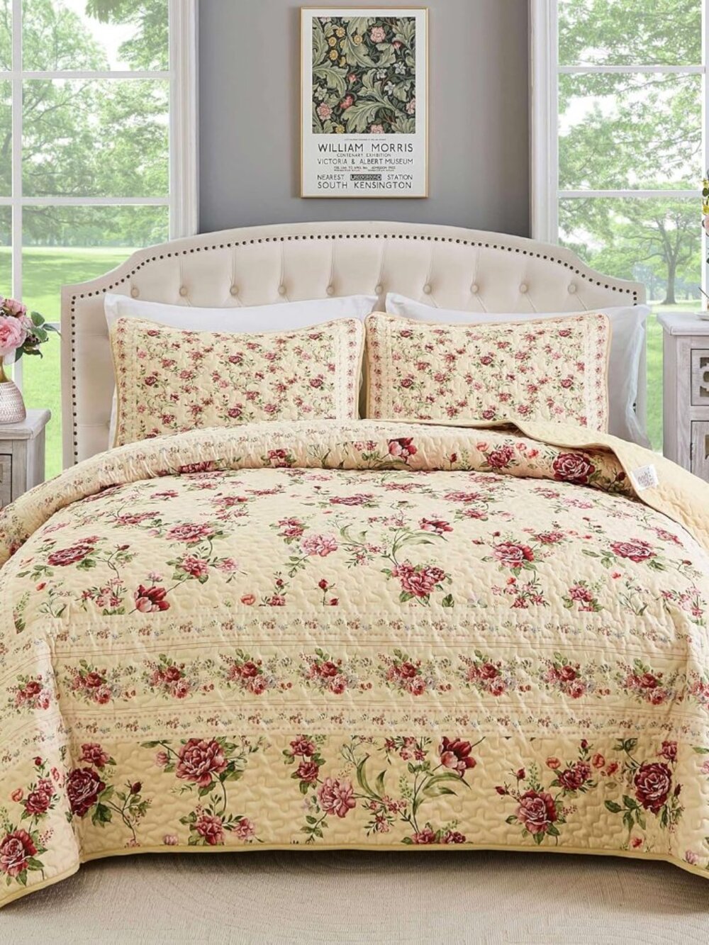 Beige Quilt Set Queen 3PCs Antique Rose Beige Bedspread Coverlet